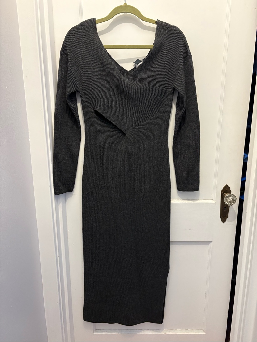 French Connection Charcoal Long Sleeve Knit Midi Dress - Elegant V‑Neck